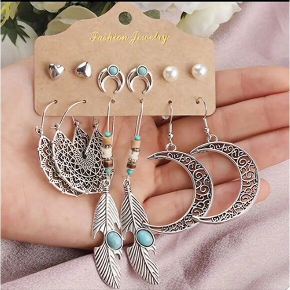 BOHEMIAN Crescent moon turquoise feather earring bundle set - Picture 3 of 7